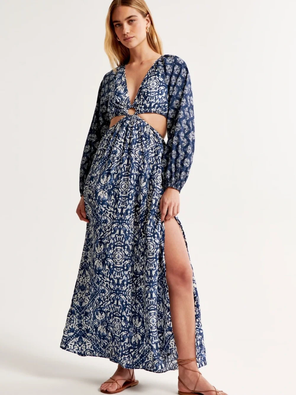 Abercrombie & Fitch Navy and White Printed Cutout Maxi Dress